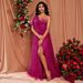 Elegant Off-Shoulder Flowy Evening Gown – Summer Trendy Formal Dress In Rose Pink, A-Line Silhouette, Polyester Chiffon For Women_ecoleips.com