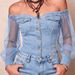Women's Printed Faux Denim Off-Shoulder Chiffon Long-Sleeved Top Fashionable Exclusive Top_ecoleips.com