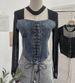 Women's Clothing Real Shot Sexy Hollow Halter Neck Denim Splicing Mesh Straps Irregular Long Sleeved T Shirt Short Top_ecoleips.com
