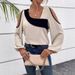 2025 Spring And Autumn New Off-Shoulder Patchwork Pullover Asymmetric Neck Long Sleeve Loose Women's Shirt_ecoleips.com