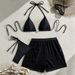 Women's Slimming Solid Color Bikini Set 3-Piece Adjustable Ties High-Waisted Swimwear for Beach Vacation_ecoleips.com