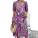 Floral Lace Trim V-Neck Short Sleeve Dress – Flowy Boho Print Sundress For Women In 6 Colors (Khaki/Blue/Fuchsia/Watermelon/Purple/Pink)_ecoleips.com