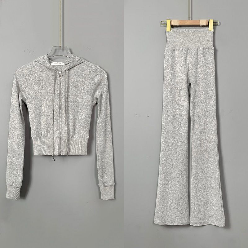 Slim-Fit Tracksuit Set with Zip Hoodie And Flare Pants One Size Fits S-L Waist-Defining Silhouette Gray Black Pink Women's Clothing_ecoleips.com