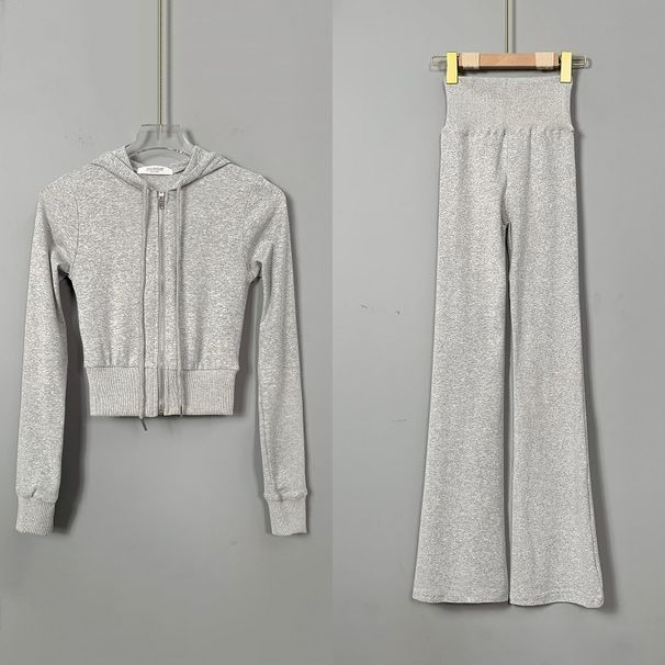 Slim-Fit Tracksuit Set with Zip Hoodie And Flare Pants One Size Fits S-L Waist-Defining Silhouette Gray Black Pink Women's Clothing_ecoleips.com