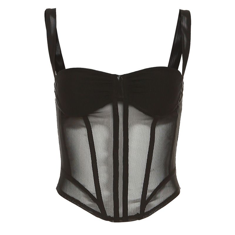 Spring 2024 Women's Fashion Camisole Mesh See through Fishbone Slim Sexy Vest European American Style Cross Border New_ecoleips.com