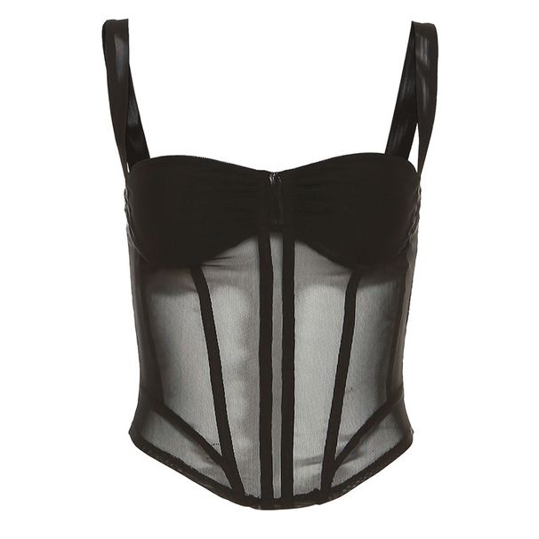 Spring 2024 Women's Fashion Camisole Mesh See through Fishbone Slim Sexy Vest European American Style Cross Border New_ecoleips.com