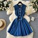 Women's Clothing Sleeveless Vest Denim Skirt Waist Slimming Heavy Beaded Single-breasted Pleated Dress_ecoleips.com