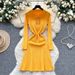 Elegant High-Waisted Knit Dress With Floral Lace Detail - Vintage-Inspired Long Sleeve Wrap Dress For Women_ecoleips.com