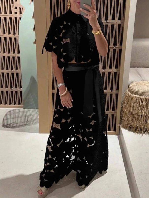 Women's Sexy Cutout Knit Set Sheer Mesh Cover-Up Wide-Leg Pants Breathable Summer Outfit Trendy Matching Lounge Set_ecoleips.com