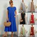 Women's Clothing Style Solid Color Cotton Linen Dress Round Neck Short Sleeved Loose Fit Pockets Ruched Details_ecoleips.com