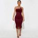 Sophisticated Halter Neck Fringe Bodycon Midi Dress For Women, Elegant Tube Top Bodycon Dress With Bohemian Fringes For Party, Date Night, Club_ecoleips.com