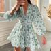 Women's Clothing Elegant Sweet Printed V Neck Pleated Short Long Sleeved Spring Dress_ecoleips.com