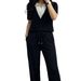 Women's Color Blocked Polo Neck Two-Piece Set Casual Simple Elastic Waist Loose Pants With Short Sleeve T-Shirt_ecoleips.com