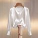 Women's Solid Color Beaded Blouse – Elegant Round Neck Long Sleeve Top For Work & Casual (Black/White/Wine/Beige)_ecoleips.com