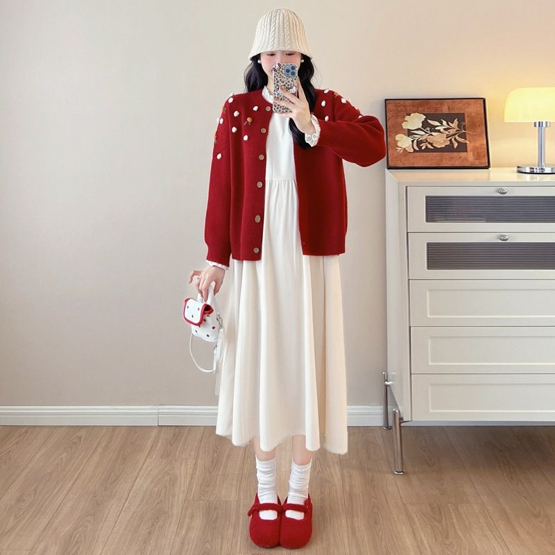 Autumn New Korean Fashion Sweater Jacket + Corduroy Maternity Dress_ecoleips.com
