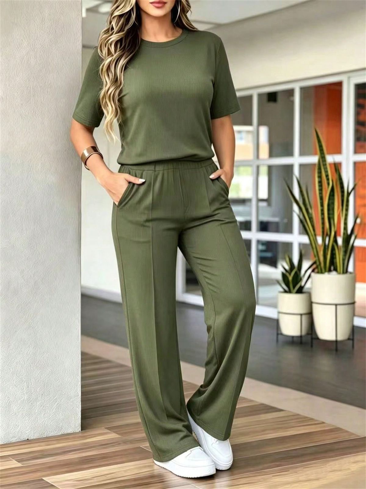 Women's Casual Suit Solid Color Ribbed Texture T-Shirt And Elastic Waist Trousers Spring/Summer New Arrival Comfortable Pant Set_ecoleips.com