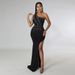 Women's Clothing fashionable and sexy oblique shoulder waist high slit leaking backpack hip hot diamond party dress_ecoleips.com