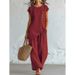 Women's Bohemian Two-Piece Set Round Neck Button Down Short Sleeve Top And Wide Leg Pants Beach Vacation American Style_ecoleips.com