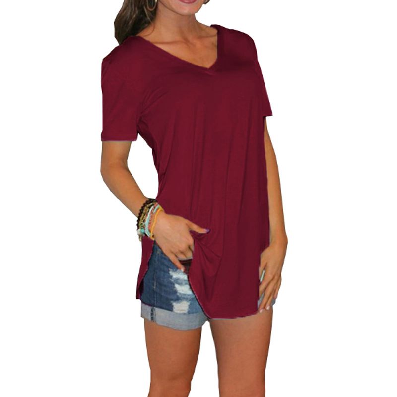 Summer Women's Clothing V Neck T-Shirt Short Sleeve Loose Fit Solid Color Plus Size Top_ecoleips.com