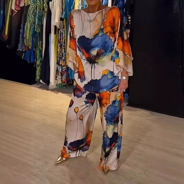 Summer/Autumn 2024 Women's Urban Elegance Off-The-Shoulder Batwing Sleeve Trouser Suit Loose Printed Casual Fashion mid Waist_ecoleips.com