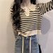 Color Contrast Striped Polo Collar Long Sleeve T-shirt Women's Large Size Spring And Autumn Knit Base Shirt Thin Short Top Winter_ecoleips.com