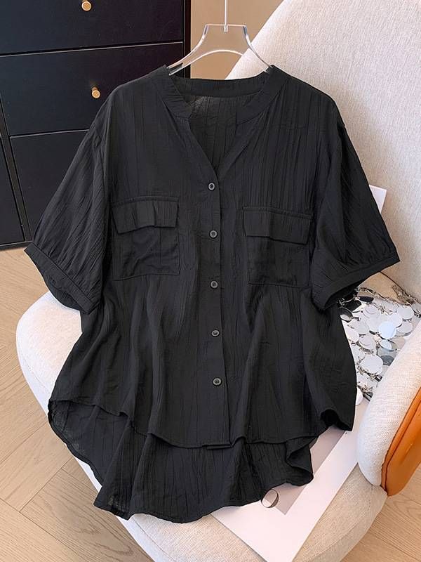 Women's Clothing Plus Size Loose Cotton Wrinkled Shirt Solid Color Large Pocket Top_ecoleips.com