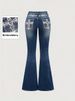 Women's Embroidered Back Pocket Flare Jeans - Rhinestone Accents & High Waist Stretch Denim (Blue, S-2XL)_ecoleips.com