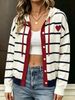 Lightweight Soft Striped Heart Print Hooded Button Front Loose Knit Cardigan_ecoleips.com