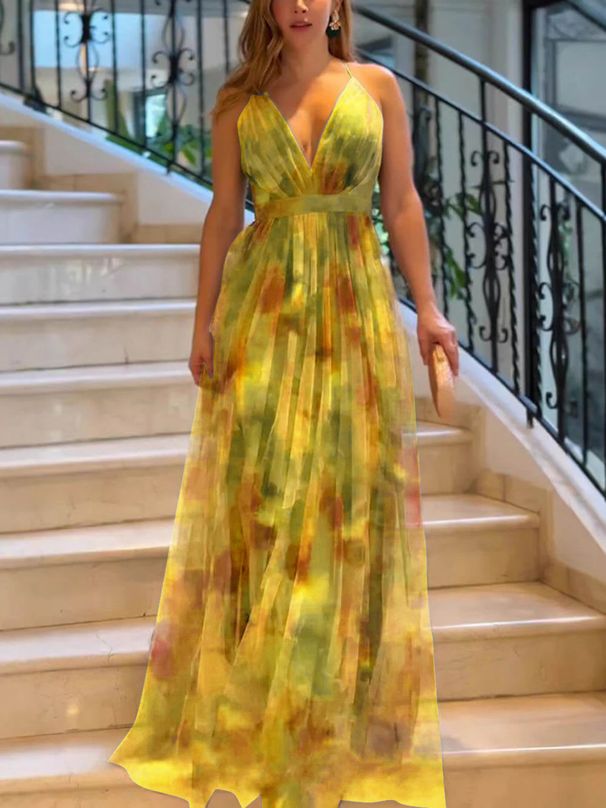 Women's Clothing Spring And Summer New Mesh Printed Suspender Dress INS Holiday Leisure Big Swing Dress For Women_ecoleips.com