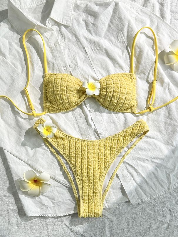2Pcs High Cut Textured Bikini, Ladies Pearl Detail Halter Bathing Suit_ecoleips.com