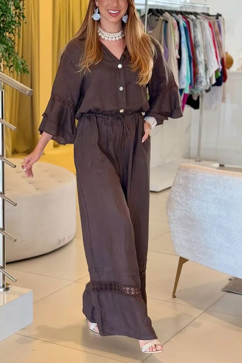 Women's Clothing Summer Jumpsuit Casual Solid Color Lapel Ruffle Sleeves Mid Waist Pocket Jumpsuit_ecoleips.com