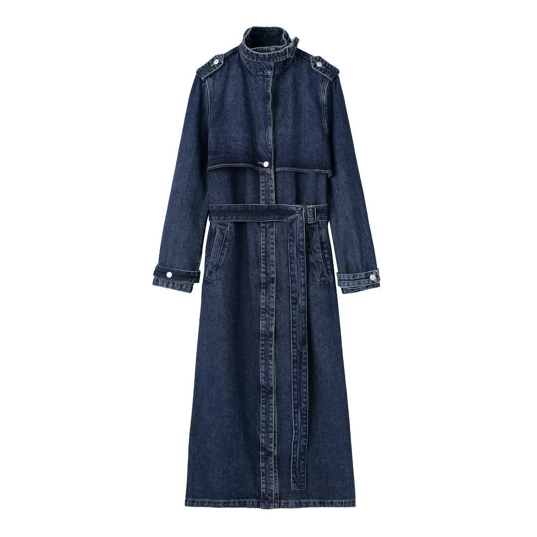 Women's Autumn Long Denim Trench Coat With Belt – Outerwear Trench Oversized Jacket, Casual & Office Wear_ecoleips.com