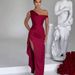 Women's Clothing Off Shoulder Satin Waist Dress Winter Irregular Hem Slit Long Skirt_ecoleips.com