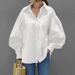 Women's Clothing Casual Shirts Casual Lantern Sleeve Lapel Tops Retro Solid Color Tops Women Office Ladies Shirts_ecoleips.com