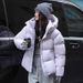 "Women's Cropped Puffer Jacket With Hood - 55% White Duck Down Coat, Oversized Sleeve Logo Design For Casual & Couple Styling_ecoleips.com