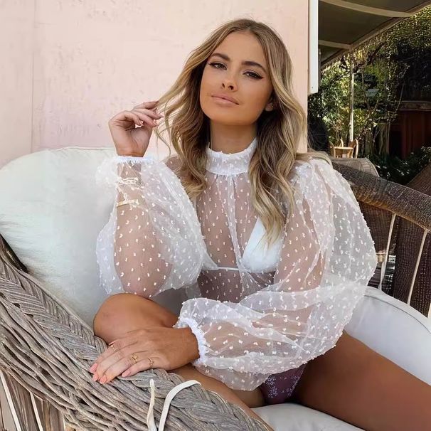 Sheer High Neck Long Sleeve Blouse – Elegant Asymmetrical Design With Flowy Polyester Chiffon – Versatile Work-to-Evening Top (Black/White, S-XL)_ecoleips.com
