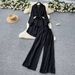 Women's Casual Lounge Set – Belted Waist Shirt With High-Waisted Wide-Leg Pants (Polyester, Rhinestone Detailing, Blue/Khaki/Pink/Black/Brown)_ecoleips.com