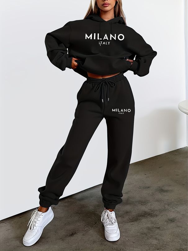 Women's Autumn And Winter Casual Fashion MILANO ITALY Letter Printed Thick Fleece Warm Hooded Sweatshirt+sports Pants Set-733_ecoleips.com