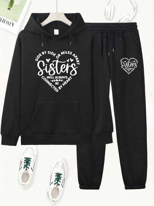 Women's Autumn And Winter Casual Fashion Letter Pattern Printed Thick Velvet Warm Hooded Sweatshirt+sports Pants Set-693_ecoleips.com