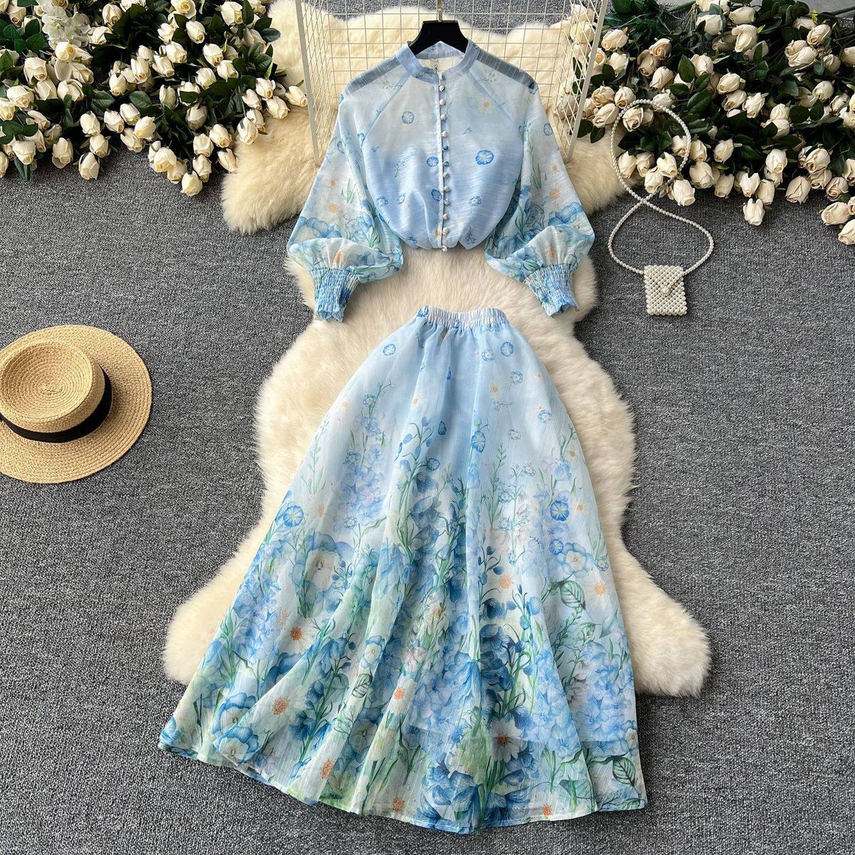 Women's Clothing Women's Style Two Piece Suit Ladylike Temperament Lantern Sleeve Button Down Slim Fitting Top High Waist Printed Mesh Skirt Set_ecoleips.com