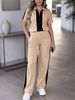 Women's Casual Spring/Summer Suit Collared Color Blocked Top with Elastic Waist Loose Fit Trousers Short Sleeve T-Shirt_ecoleips.com
