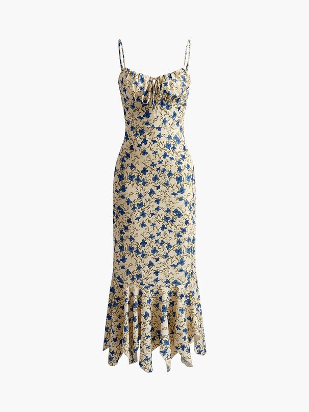 New European American Chic Floral Print Long Dress for Women Spaghetti Strap Slim Waist Bodycon Style Vacation Wear_ecoleips.com