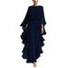 Women's Clothing Navy Blue Chiffon Top With Flared Sleeves Straight Leg Pants Set Ruffles_ecoleips.com