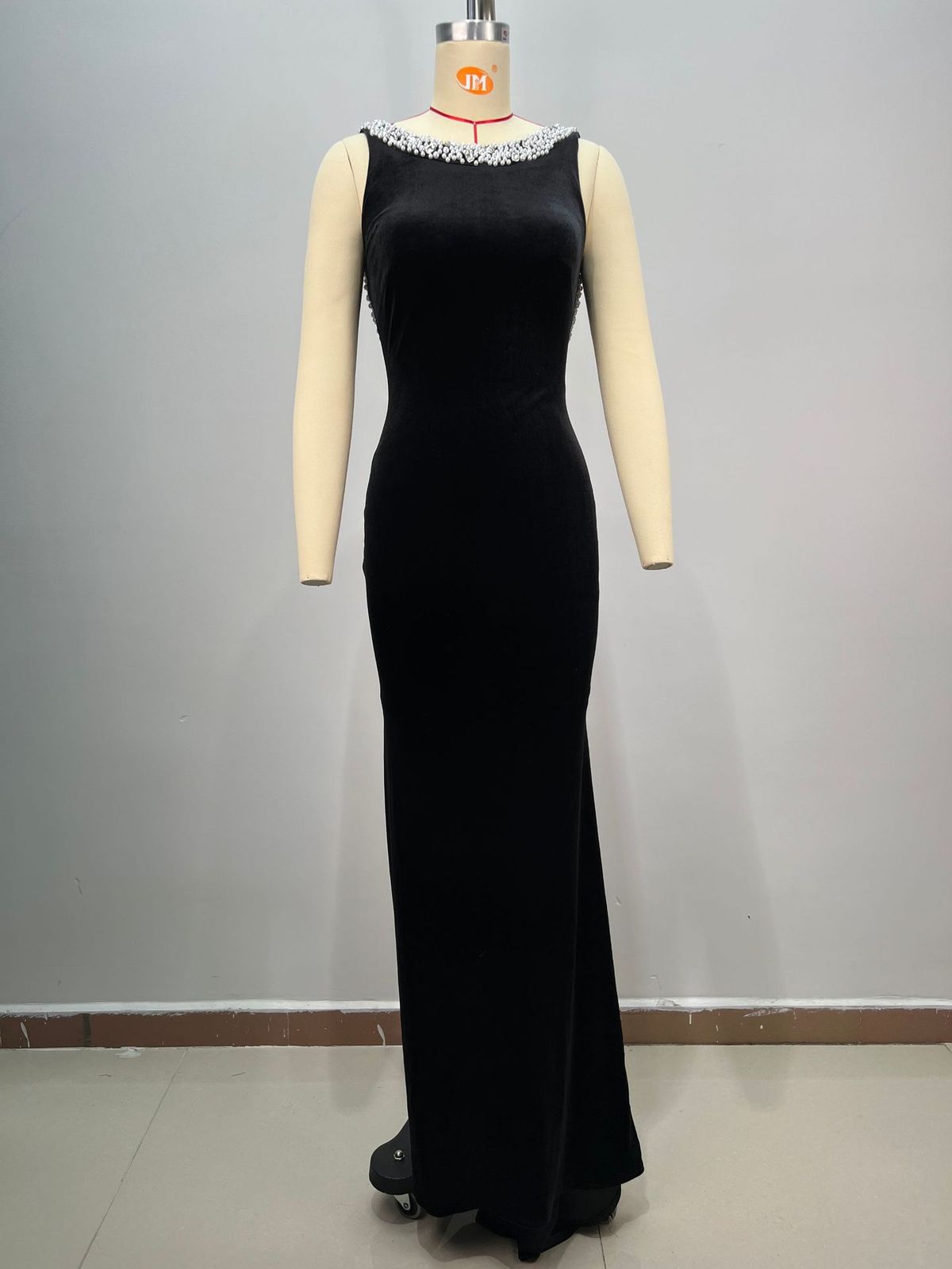 Women's Clothing New Black Pearl Diamond Slim Sexy Round Neck Velvet Large Backless Light Luxury Annual Meeting Dinner Dress_ecoleips.com
