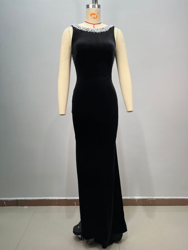 Women's Clothing New Black Pearl Diamond Slim Sexy Round Neck Velvet Large Backless Light Luxury Annual Meeting Dinner Dress_ecoleips.com