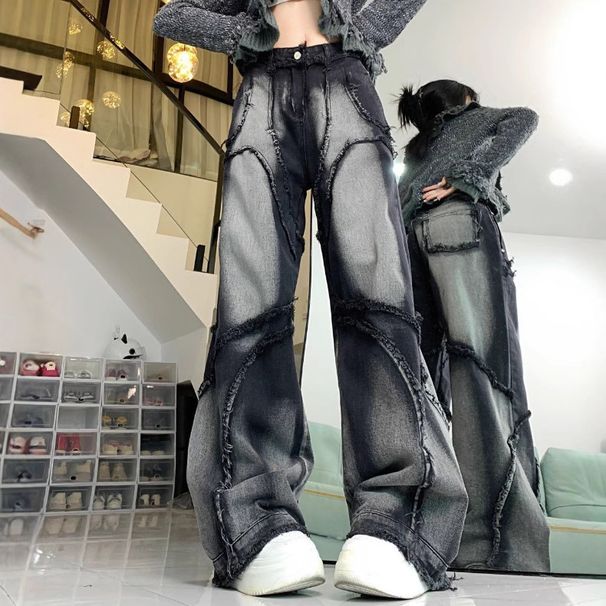 Women's Clothing Retro Patchwork Jeans Dark Style Raw Edge Washed Trousers Hot Girl Loose Design Flared Pants_ecoleips.com