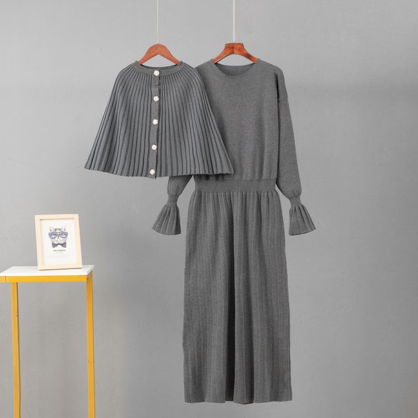 European And American Style Shawl Dress Set: Pleated Solid Color Shawl + Loose Knitted Dress Two Piece Set For Women_ecoleips.com