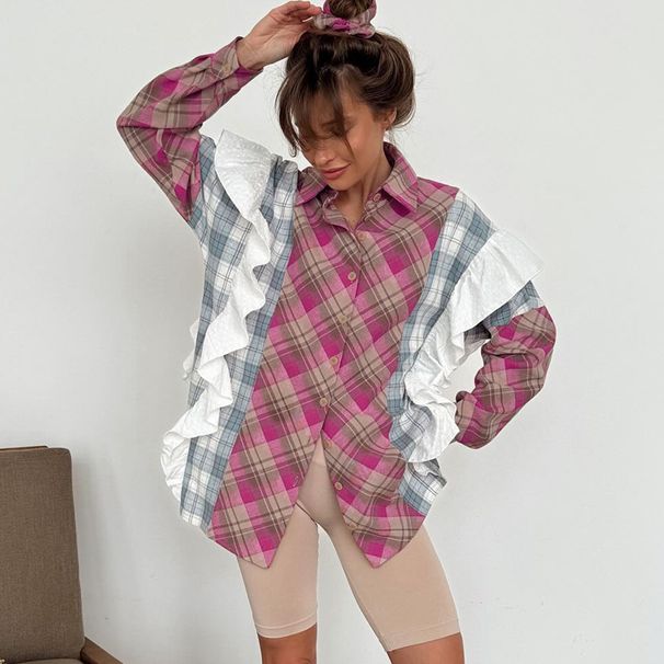 Women's Thin Single Breasted Casual Fashion Shirt Loose Fit European American Style Patchwork Striped Top For Spring Autumn_ecoleips.com