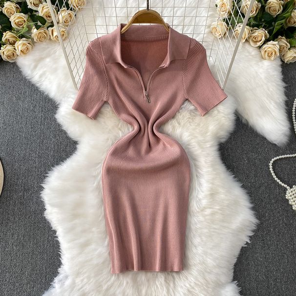 Women's Clothing New Design Half Zipper Lapel Short Sleeve Knitted Dress Women's Clothing Waist Slimming Hip_ecoleips.com
