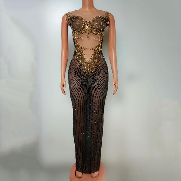 Women's Clothing Sexy Sheer Gold Sequin Embellished Elegant Evening Dress High Waist Long Gown With Rhinestone Details For Parties & Special Occasions_ecoleips.com